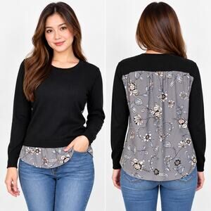LOFT Ann Taylor Womens Small Black Faux Layered Floral Back Sweater Crew Neck